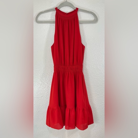 Aritzia Wilfred Effet Halter Mini Dress Red Elastic Waist Flounce Hem Women XXS - Picture 1 of 16